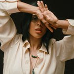 Monikh Dale x Daphine Vol. II. Monikh wears the Dhari and Dale Jade Necklaces. 